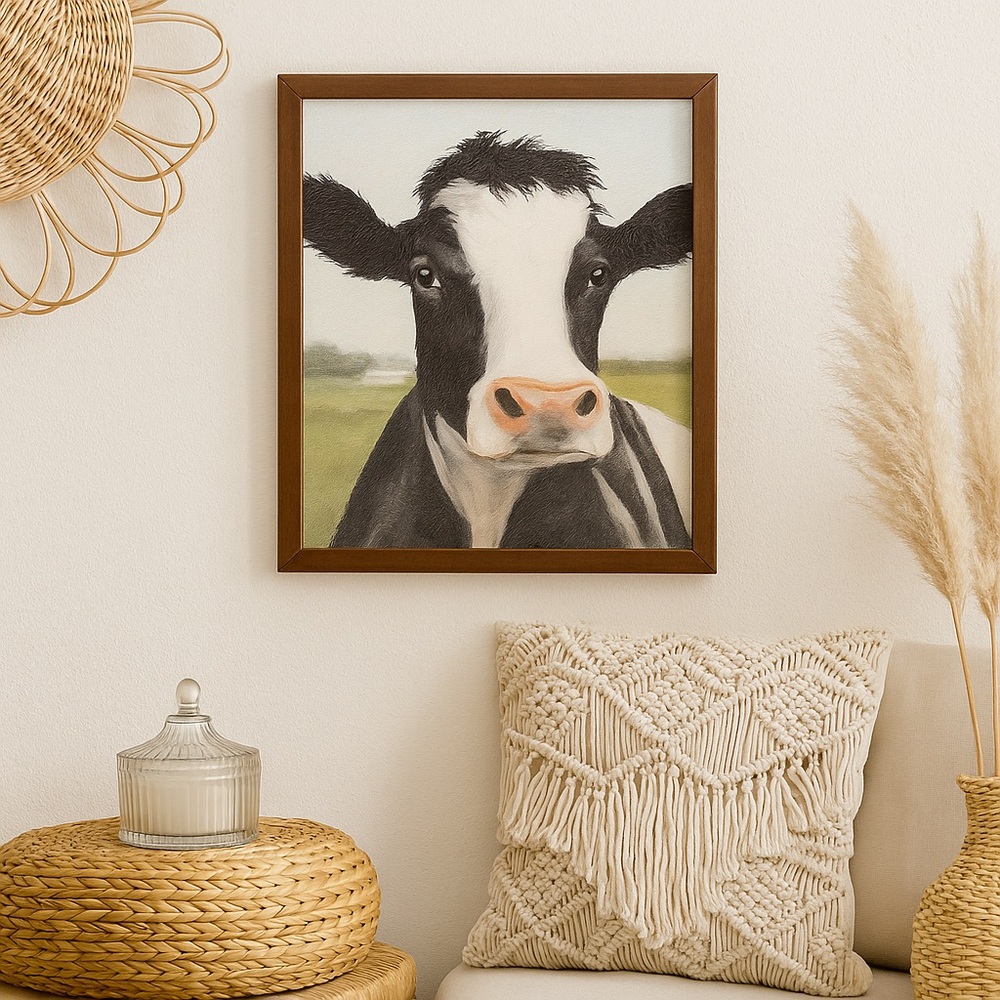 🎄 154. Black & White Cow Wall Art – Textured Framed Print 10x12 Farmhouse Décor
